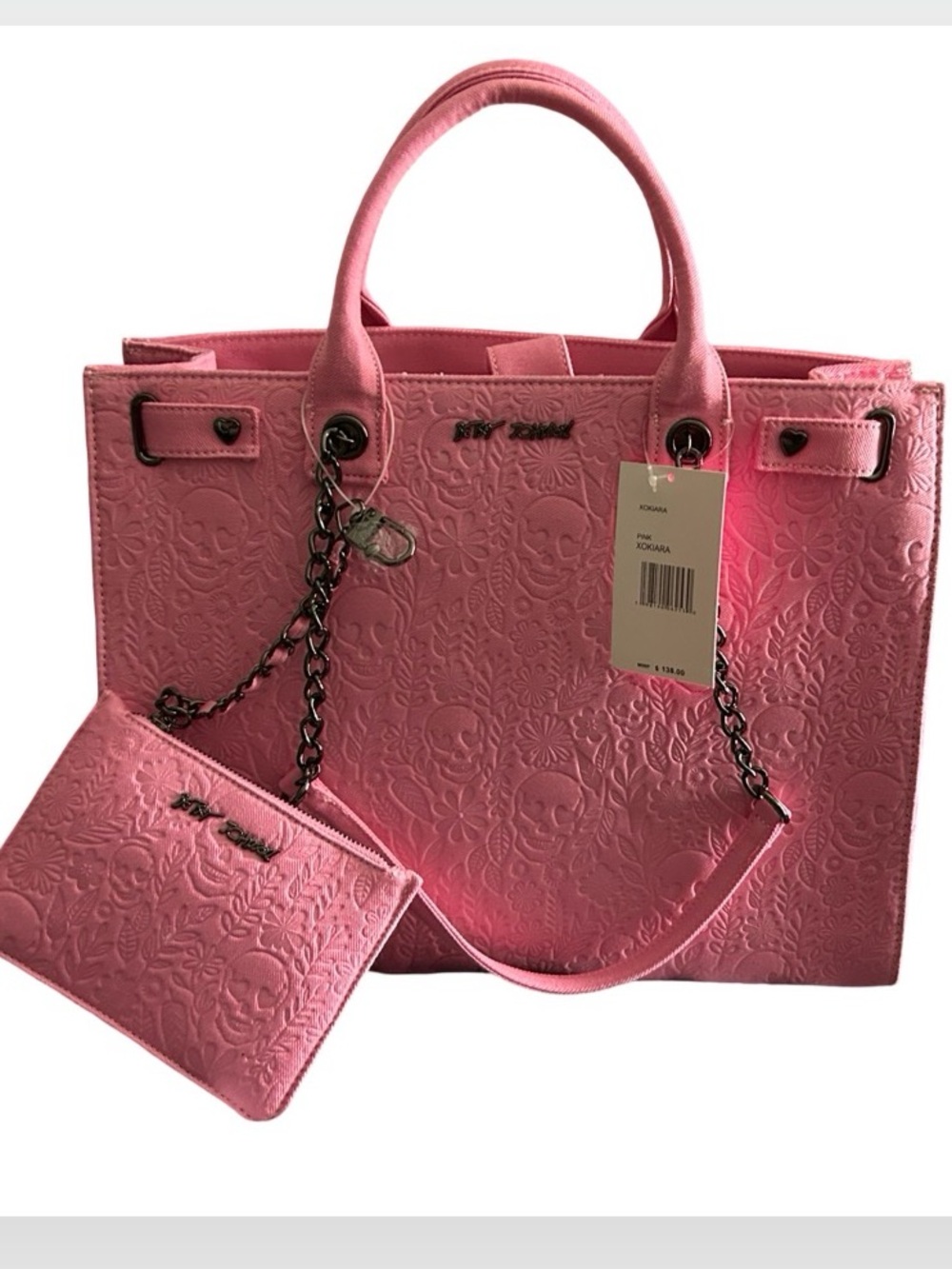 BETSEY JOHNSON XL PINK SUGAR SKULL & FLOWERS DOUBLE HANDLE/CHAIN STRAPS NWT - Picture 4 of 12